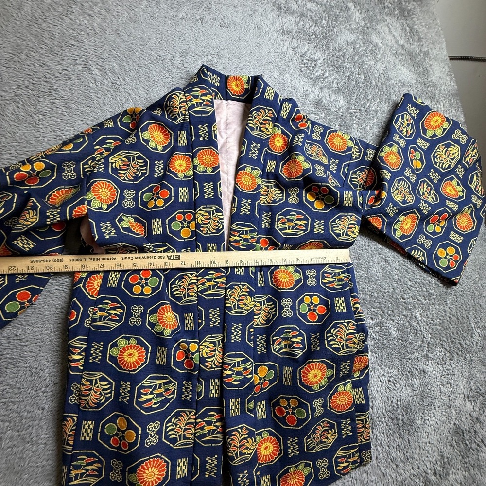 Vintage Japanese Haori Kimono Jacket Navy Blue Floral Medallion Pink Silk Lining - Picture 7 of 8